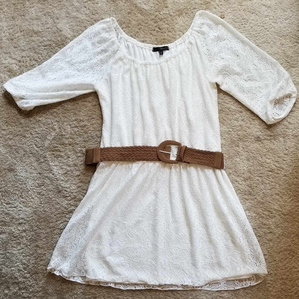 White Knit Dress with Belt